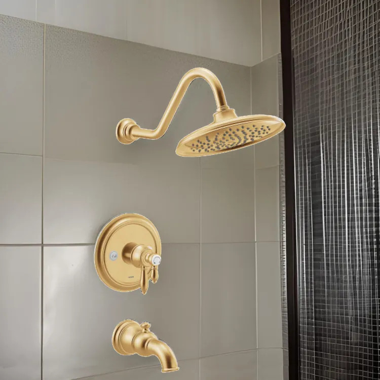 Moen Weymouth Tub/Shower Faucet with Two-Handle Flow Control and Temperature Adjust Valve Trim, Lever Handles, M-Core 4, Thermostatic Cartridge, Brushed Gold - UTS43103EPBG