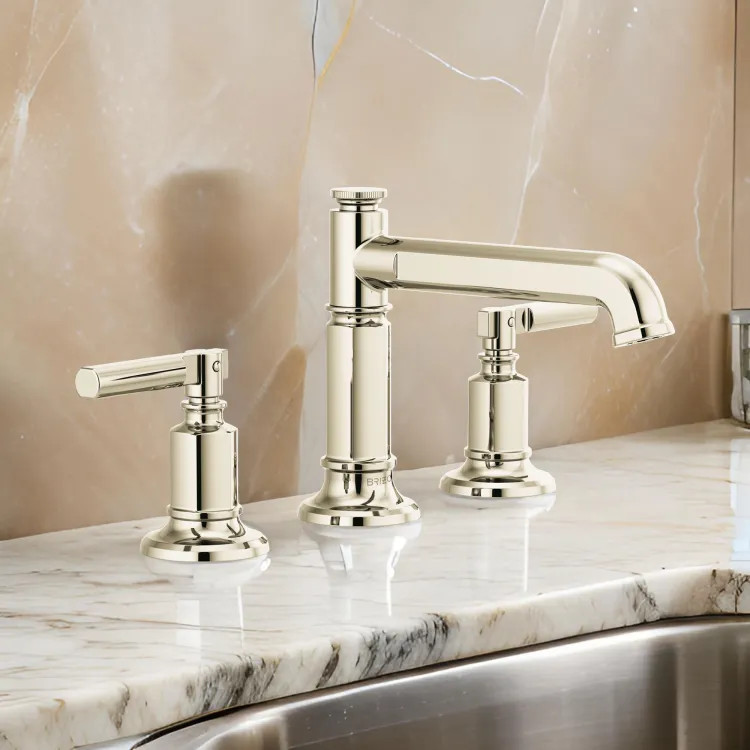 Brizo Invari Two-Handle Widespread Bathroom Faucet w/ Column Spout, Metal Pop-Up, Less Handles, 1.2 GPM, Brilliance Polished Nickel - 65377LF-PNLHP-ECO
