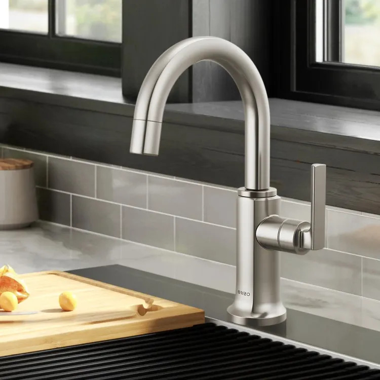 Brizo Kintsu Single Handle Beverage Faucet with Arc Spout, Air Gap, DIAMOND Seal, 1.5 GPM, Lumicoat Stainless - 61306LF-C-SS-L