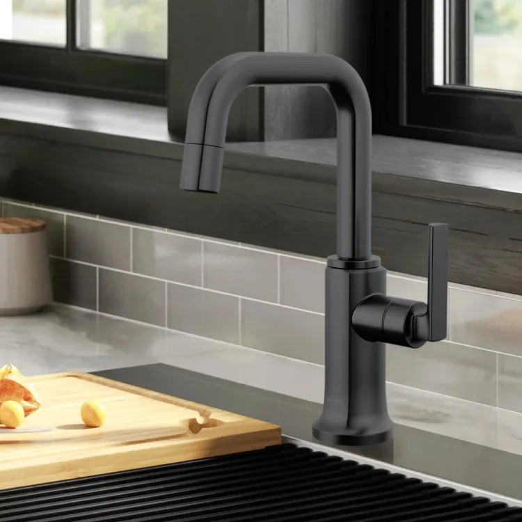 Brizo Kintsu Single Handle Beverage Faucet with Square Spout, Air Gap, DIAMOND Seal, 1.5 GPM, Matte Black - 61307LF-C-BL