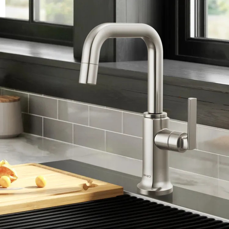 Brizo Kintsu Single Handle Beverage Faucet with Square Spout, Air Gap, DIAMOND Seal, 1.5 GPM, Lumicoat Stainless - 61307LF-C-SS-L