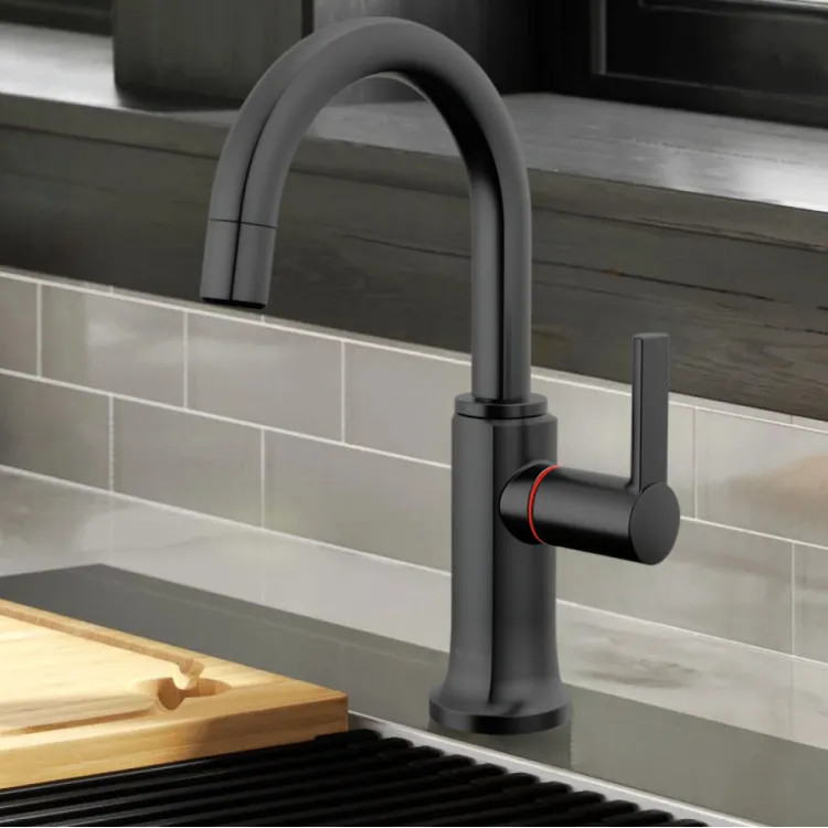 Brizo Kintsu Single-Handle Instant Hot Faucet with Arc Spout, Self Closing Handle, 1.0 GPM, Matte Black - 61306LF-H-BL