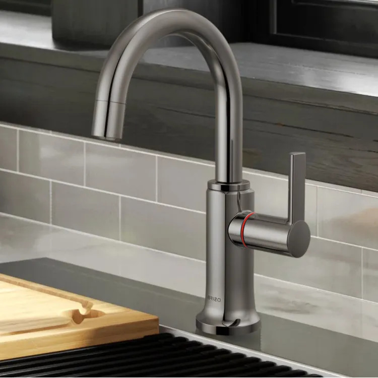 Brizo Kintsu Single-Handle Instant Hot Faucet with Arc Spout, Self Closing Handle, 1.0 GPM, Lumicoat Black Onyx - 61306LF-H-BNX-L