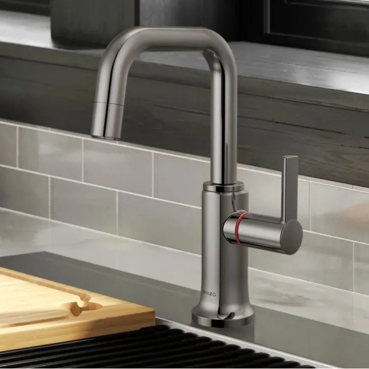 Brizo Kintsu Single-Handle Instant Hot Faucet with Square Spout, Self Closing Handle, 1.0 GPM, Lumicoat Black Onyx - 61307LF-H-BNX-L