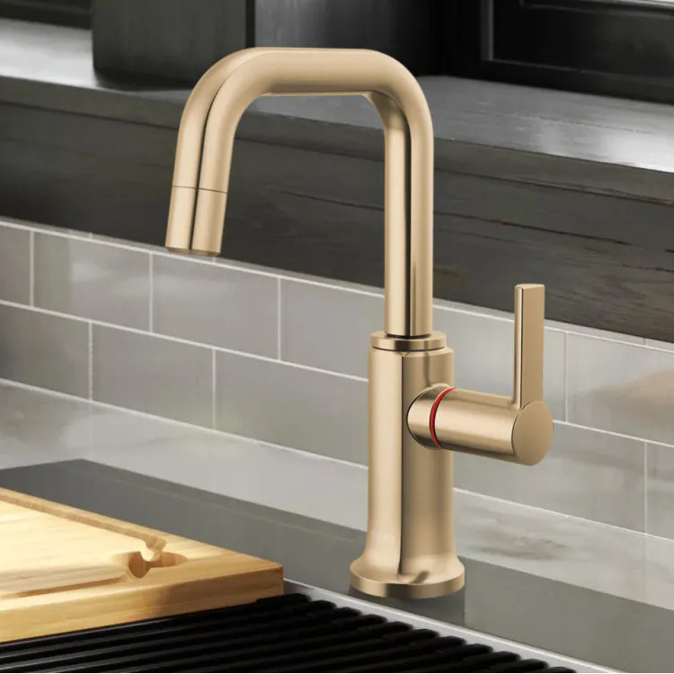 Brizo Kintsu Single-Handle Instant Hot Faucet with Square Spout, Self Closing Handle, 1.0 GPM, Lumicoat Luxe Gold - 61307LF-H-GL-L