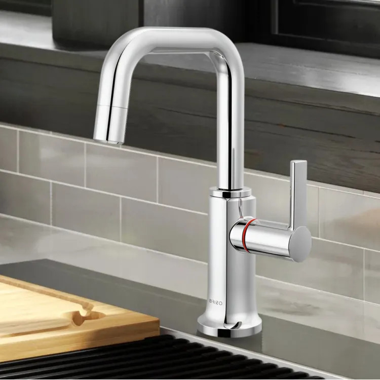 Brizo Kintsu Single-Handle Instant Hot Faucet with Square Spout, Self Closing Handle, 1.0 GPM, Lumicoat Polished Chrome - 61307LF-H-PC-L