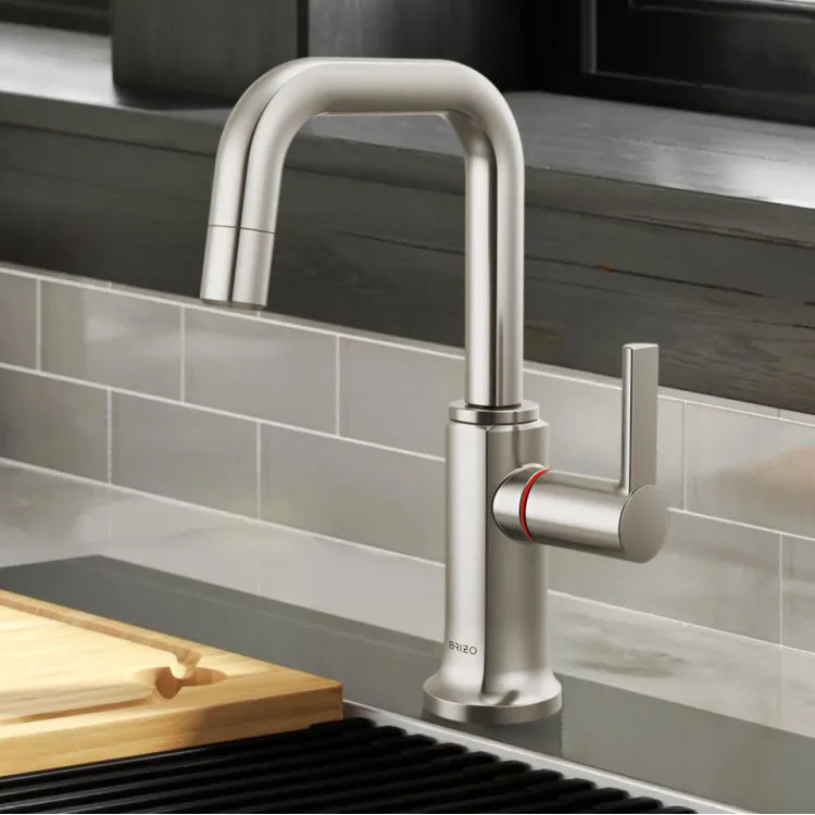 Brizo Kintsu Single-Handle Instant Hot Faucet with Square Spout, Self Closing Handle, 1.0 GPM, Lumicoat Stainless - 61307LF-H-SS-L