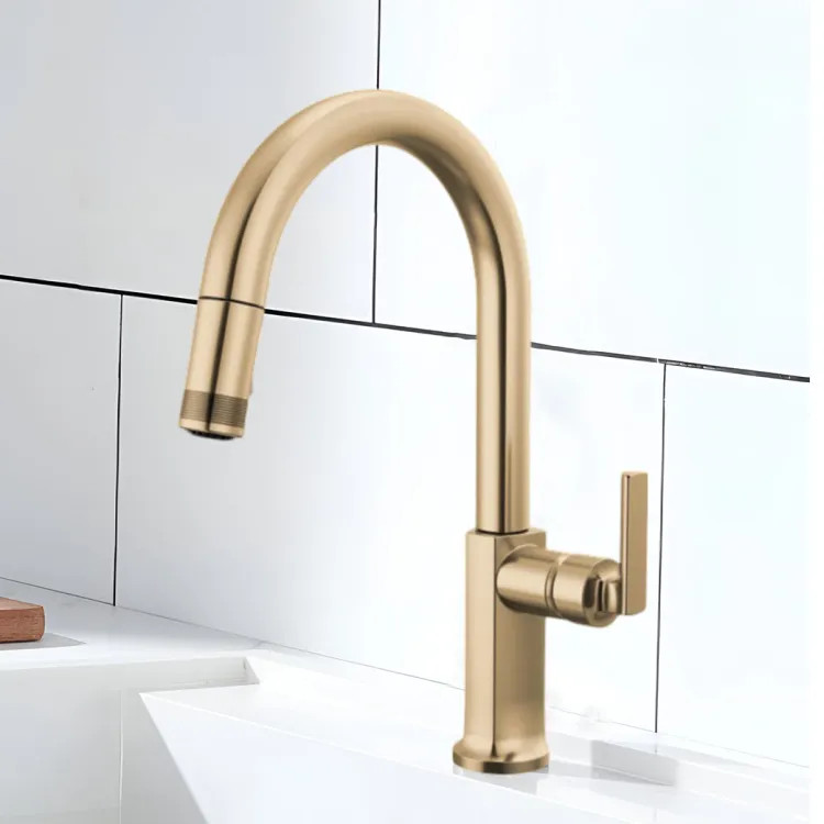 Brizo Kintsu Single-Handle Pull-Down Kitchen Faucet w/ Arc Spout, Less Handle, 1.8 GPM, Lumicoat Luxe Gold - 63006LF-GLLHP-L