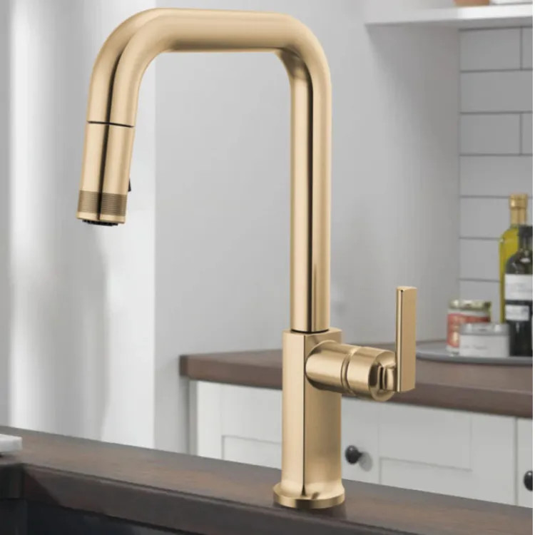 Brizo Kintsu Single-Handle Pull-Down Kitchen Faucet w/ Square Spout, Less Handle, 1.8 GPM, Lumicoat Luxe Gold - 63007LF-GLLHP-L