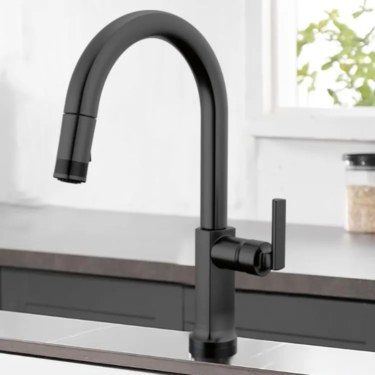 Brizo Kintsu 16-5/8" Single Handle High Arc Pull-Down Kitchen Faucet, Less Handle, Matte Black - 64006LF-BLLHP