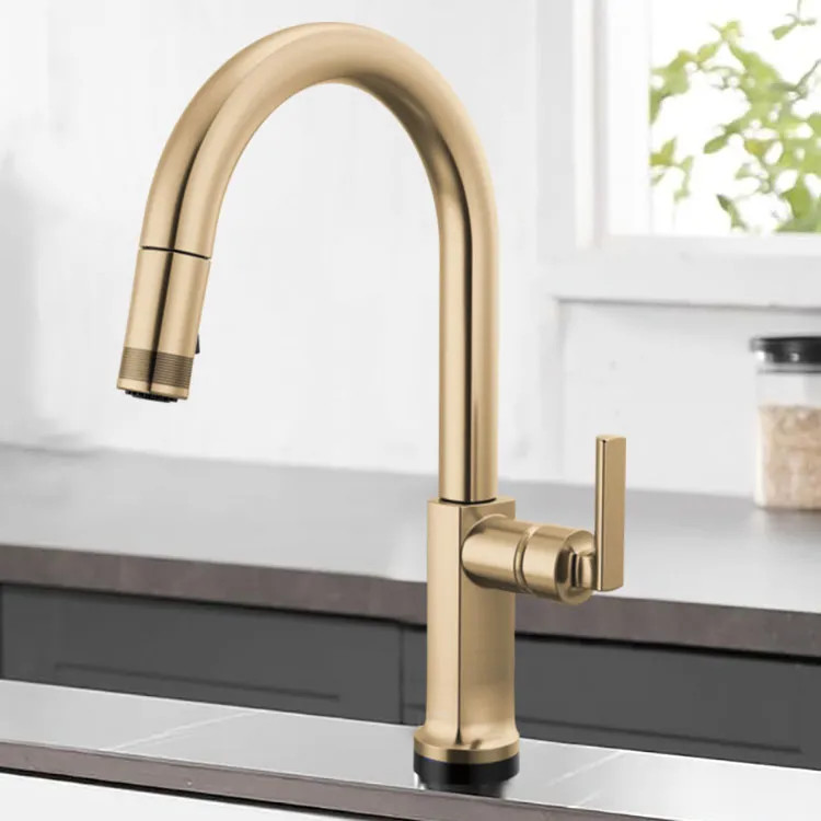 Brizo Kintsu 16-5/8" Single Handle High Arc Pull-Down Kitchen Faucet, Less Handle, Lumicoat Luxe Gold - 64006LF-GLLHP-L