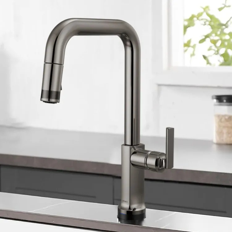 Brizo Kintsu 16-5/8" Single Handle High-Angled Pull-Down Kitchen Faucet, Less Handle, Lumicoat Black Onyx - 64007LF-BNXLHP-L