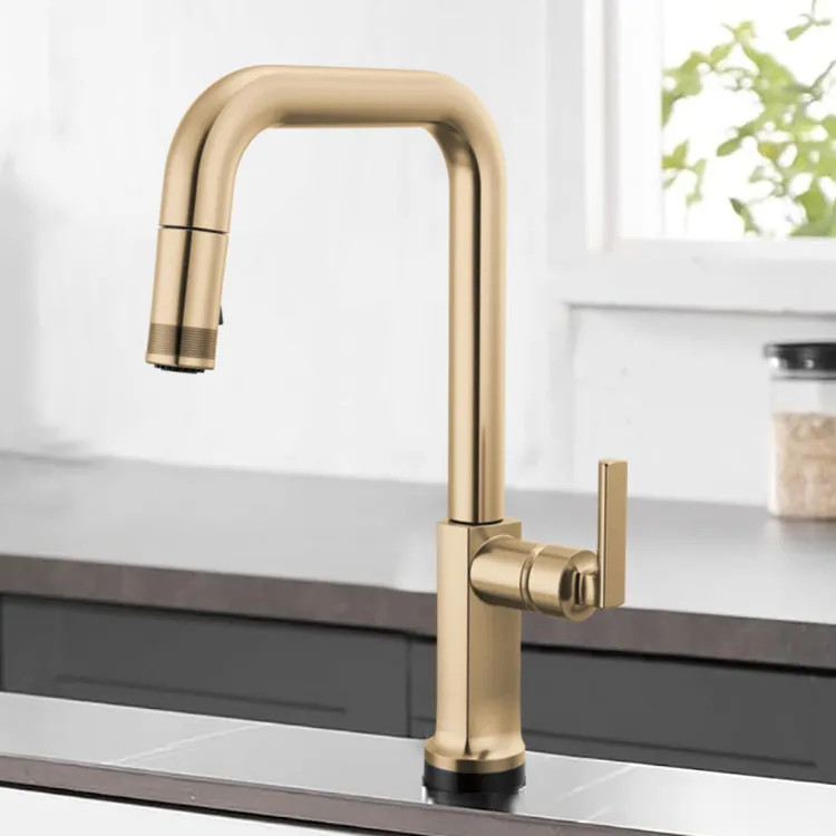 Brizo Kintsu 16-5/8" Single Handle High-Angled Pull-Down Kitchen Faucet, Less Handle, Lumicoat Luxe Gold - 64007LF-GLLHP-L