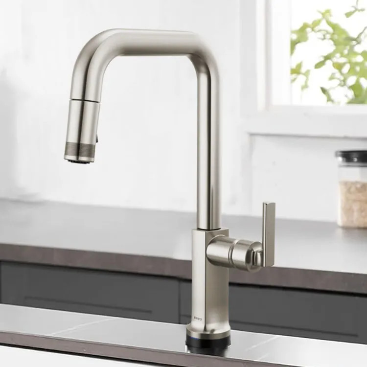 Brizo Kintsu 16-5/8" Single Handle High-Angled Pull-Down Kitchen Faucet, Less Handle, Lumicoat Stainless - 64007LF-SSLHP-L