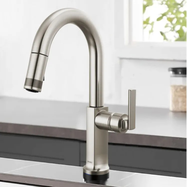Brizo Kintsu 14-1/2" Single Handle High Arc Pull-Down Prep Faucet, Less Handle, Lumicoat Stainless - 64906LF-SSLHP-L