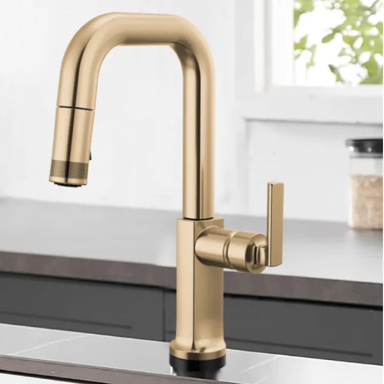 Brizo Kintsu 14-1/2" Single Handle High-Angled Pull-Down Prep Faucet, Less Handle, Lumicoat Luxe Gold - 64907LF-GLLHP-L
