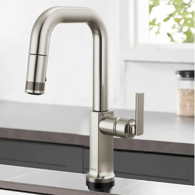 Brizo Kintsu 14-1/2" Single Handle High-Angled Pull-Down Prep Faucet, Less Handle, Lumicoat Stainless - 64907LF-SSLHP-L
