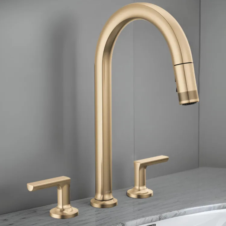 Brizo Kintsu Two-Handle Widespread Pull-Down Kitchen Faucet w/ Arc Spout, MagneDock, Less Handles, 1.8 GPM, Lumicoat Luxe Gold - 62506LF-GLLHP-L