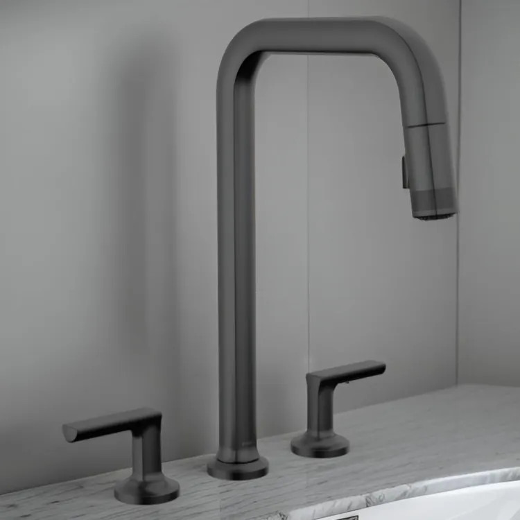 Brizo Kintsu Two-Handle Widespread Pull-Down Kitchen Faucet w/ Square Spout, MagneDock, Less Handles, 1.8 GPM, Matte Black - 62507LF-BLLHP
