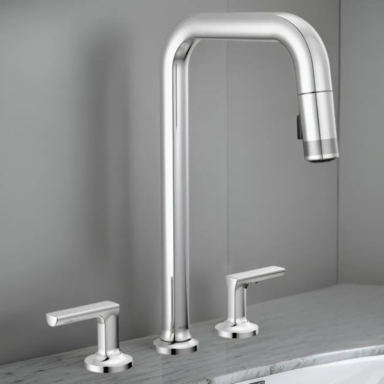 Brizo Kintsu Two-Handle Widespread Pull-Down Kitchen Faucet w/ Square Spout, MagneDock, Less Handles, 1.8 GPM, Lumicoat Polished Chrome - 62507LF-PCLHP-L