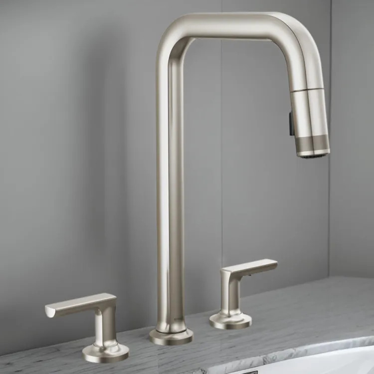 Brizo Kintsu Two-Handle Widespread Pull-Down Kitchen Faucet w/ Square Spout, MagneDock, Less Handles, 1.8 GPM, Lumicoat Stainless - 62507LF-SSLHP-L