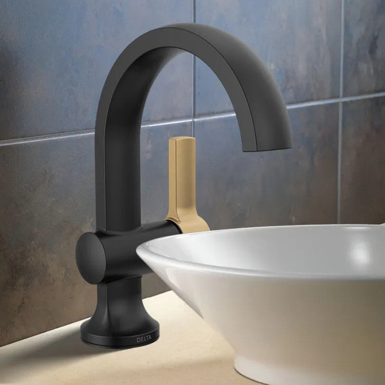 Delta Albion Single Handle Bathroom Faucet, Pop-up with Over Flow, ADA, 1.2 GPM, Matte Black/Champagne Bronze - 15855LF-GZ
