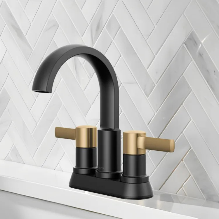 Delta Albion Two Handle Centerset Bathroom Faucet, ADA, 1.2 GPM, Matte Black/Champagne Bronze - 25855LF-GZ