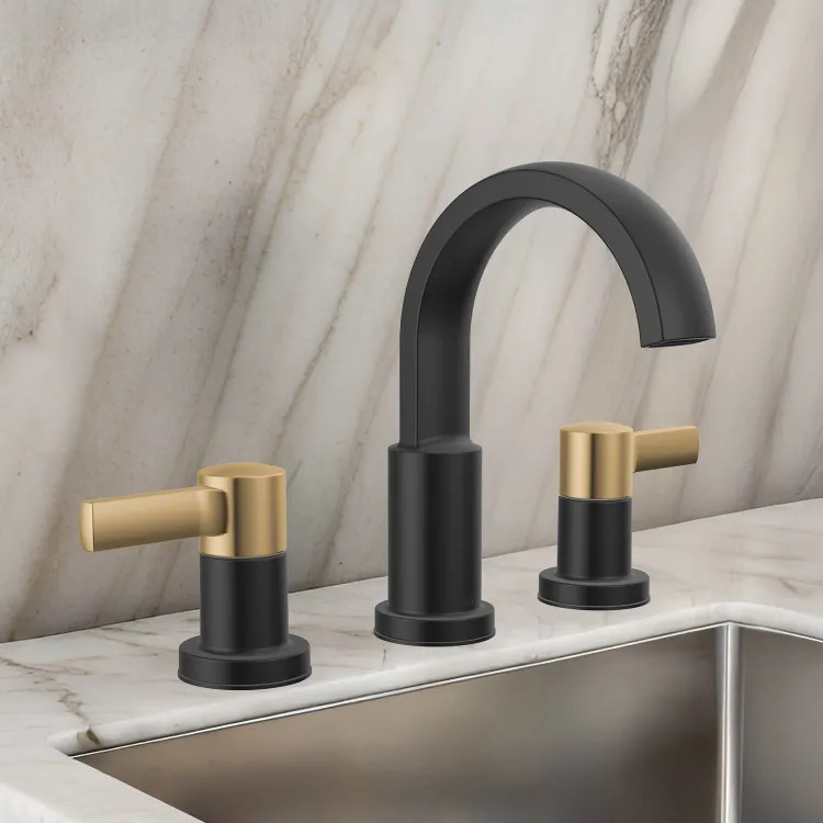Delta Albion Two Handle Widespread Bathroom Faucet, ADA.,1.2 GPM, Matte Black/Champagne Bronze - 35855LF-GZ