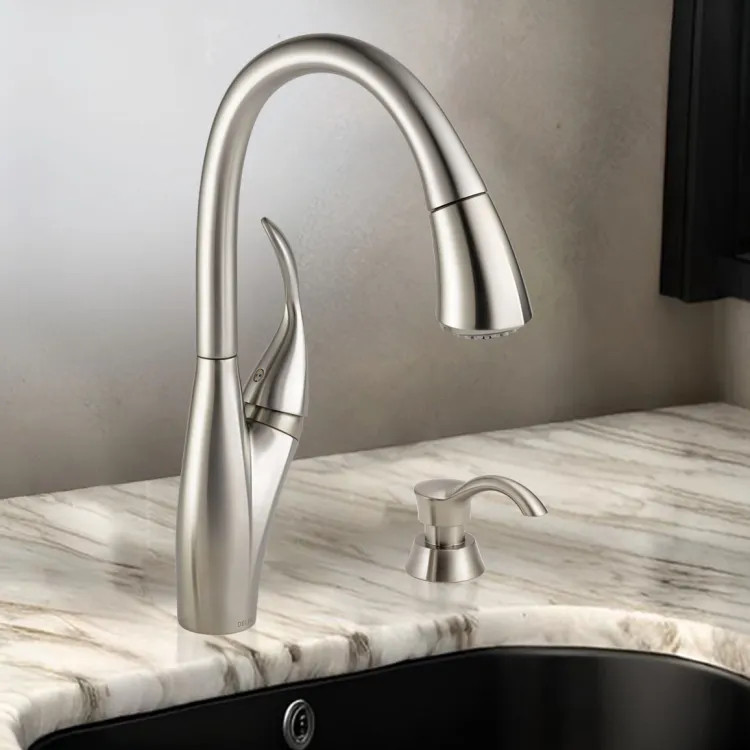 Delta Berkley Pull-down Kitchen Faucet with Soap Dispenser, Single Handle, MagnaTite, ADA, Spotshield Stainless - 19932Z-SPSD-DST
