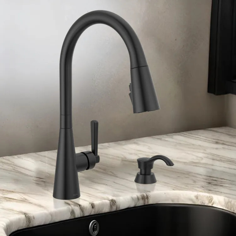 Delta Boyd Pull-Down Kitchen Faucet with Soap Dispenser, ShieldSpray, Diamond Seal, MagnaTite Docking, Matte Black - 19893Z-BLSD-DST
