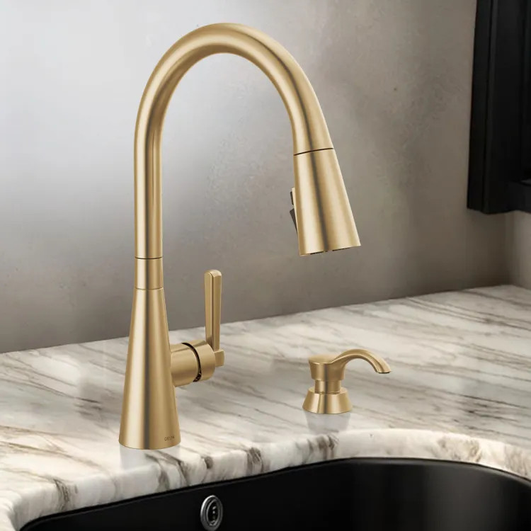 Delta Boyd Pull-Down Kitchen Faucet with Soap Dispenser, ShieldSpray, Diamond Seal, MagnaTite Docking, Champagne Bronze - 19893Z-CZSD-DST