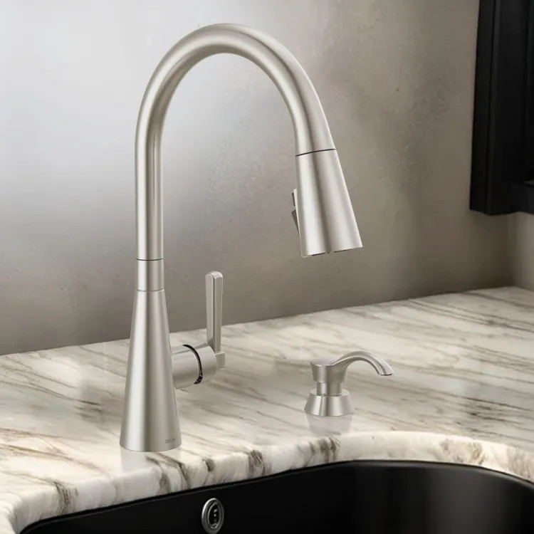 Delta Boyd Pull-Down Kitchen Faucet with Soap Dispenser, ShieldSpray, Diamond Seal, 1.8 GPM, SpotShield Stainless - 19893Z-SPSD-DST