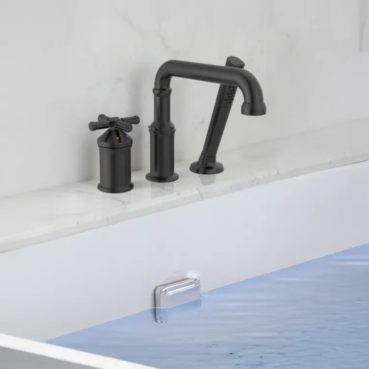 Delta Broderick Three Hole Roman Tub Trim with Hand Shower, ADA, 1.75 GPM, Matte Black (Less Handles) - T3784-BLLHP