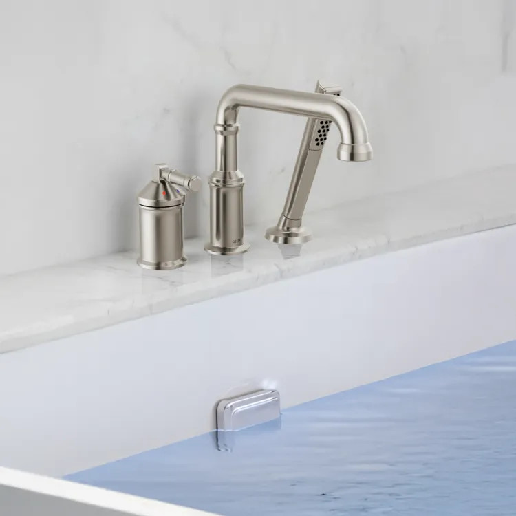 Delta Broderick Three Hole Roman Tub Trim with Hand Shower, ADA, 1.75 GPM, Lumicoat Stainless (Less Handles) - T3784-SS-PR-LHP