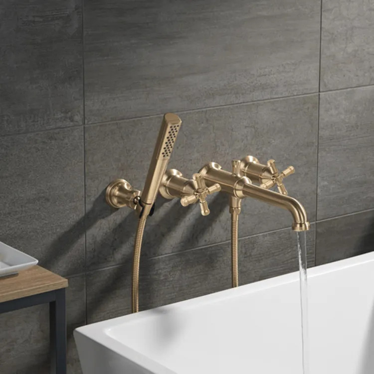 Delta Broderick Wall Mount Tub Filler Trim with Hand Shower, 1.75 GPM, Lumicoat Champagne Bronze (Less Handles) - T5784-CZ-PR-LHP-WL