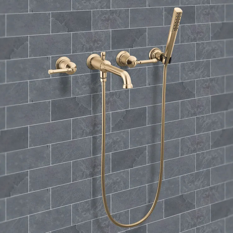 Delta Broderick Wall Mount Tub Filler Trim with Hand Shower, 1.75 GPM, Lumicoat Champagne Bronze (Less Handles) - T5784-CZ-PR-LHP-WL