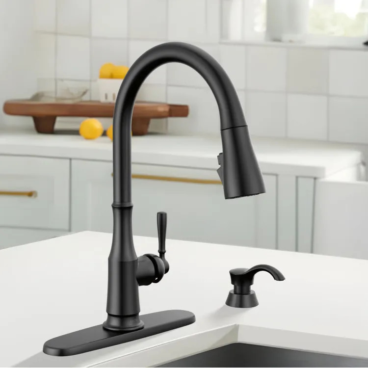 Delta Capertee Single Handle Pull-Down Kitchen Faucet with Soap Dispenser, ShieldSpray, DIAMOND Seal, ADA, 1.8 GPM, Matte Black - 19877Z-BLSD-DST