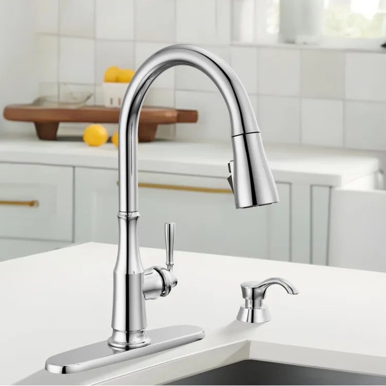 Delta Capertee Single Handle Pull-Down Kitchen Faucet with Soap Dispenser, ShieldSpray, Diamond Seal, ADA, 1.8 GPM, Chrome - 19877Z-SD-DST