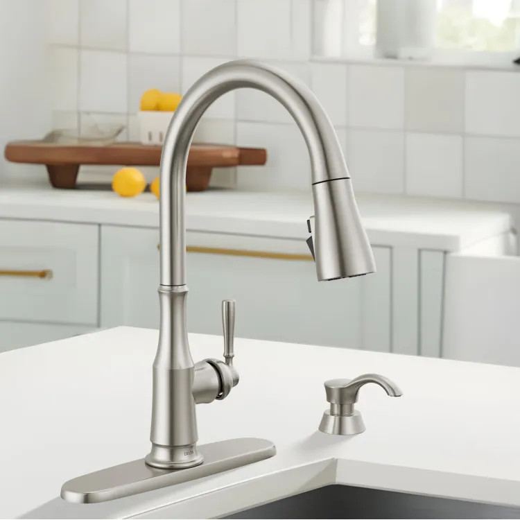 Delta Capertee Single Handle Pull-Down Kitchen Faucet with Soap Dispenser, ShieldSpray, Diamond Seal, ADA, 1.8 GPM, SpotShield Stainless - 19877Z-SPSD-DST