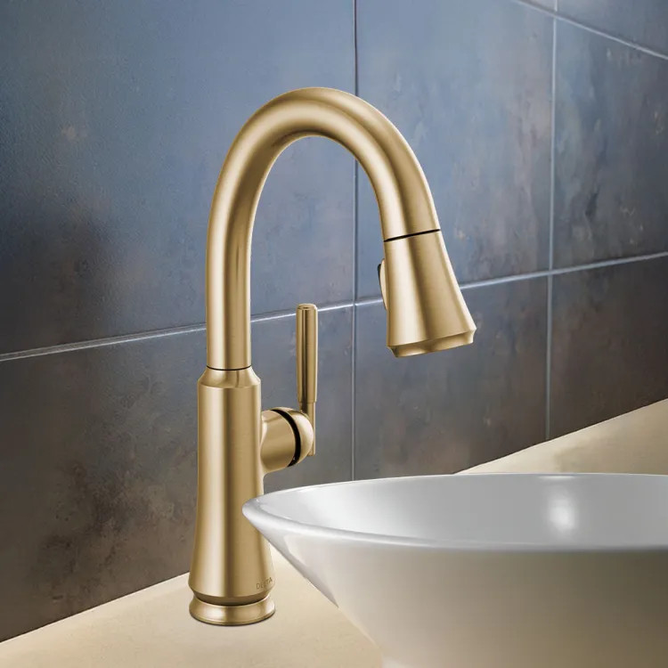 Delta Coranto Single Handle Pull-Down Bar/Prep Faucet, Diamond Seal, MagnaTite, ADA, 1.8 GPM, Champagne Bronze - 9979-CZ-DST