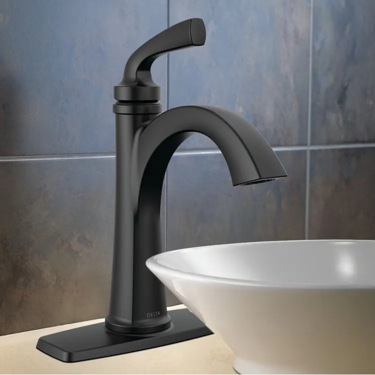 Delta Geist Single Handle Bathroom Faucet, Pop-Up with Overflow, Deck Mount, ADA, 1.2 GPM, Matte Black - 15864LF-BL