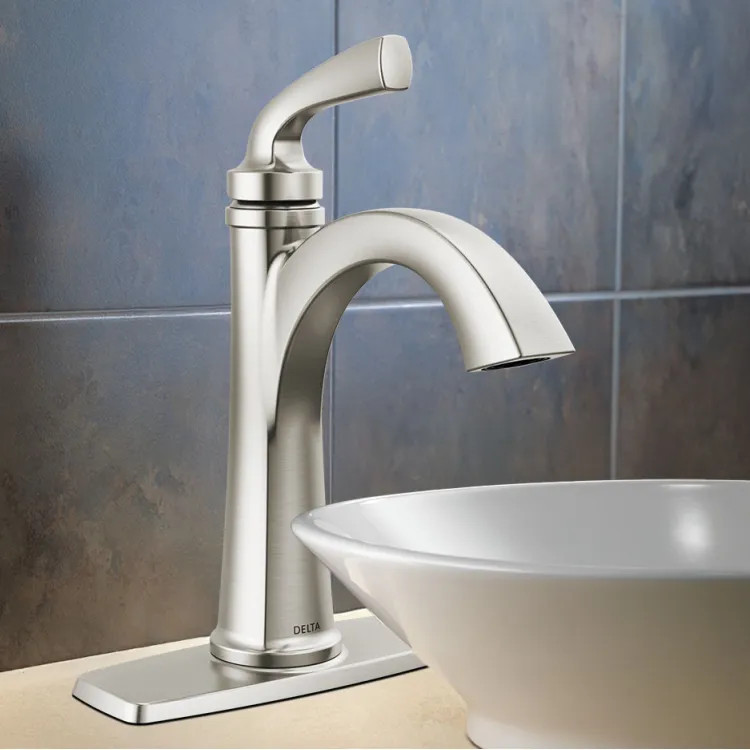 Delta Geist Single Handle Bathroom Faucet, Pop-Up with Overflow, Deck Mount, ADA, 1.2 GPM, Spotshield Brushed Nickel - 15864LF-SP