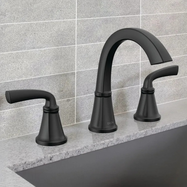 Delta Geist Two Handle Widespread Bathroom Faucet, Pop-Up with Overflow, Deck Mount, ADA, 1.2 GPM, Matte Black - 35864LF-BL