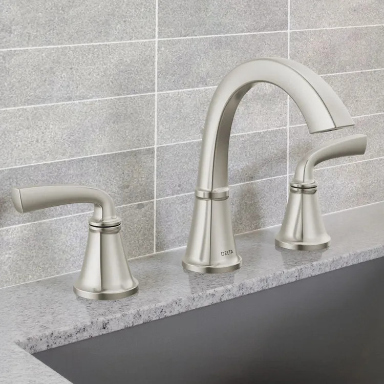 Delta Geist Two Handle Widespread Bathroom Faucet, Pop-Up with Overflow, Deck Mount, ADA, 1.2 GPM, Spotshield Brushed Nickel - 35864LF-SP