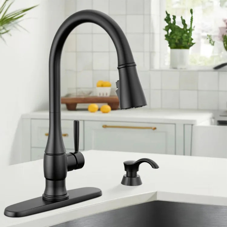 Delta Hazelwood Pull-Down Kitchen Faucet with Soap Dispenser, ShieldSpray, Diamond Seal, MagnaTite, ADA, Matte Black - 19831Z-BLSD-DST