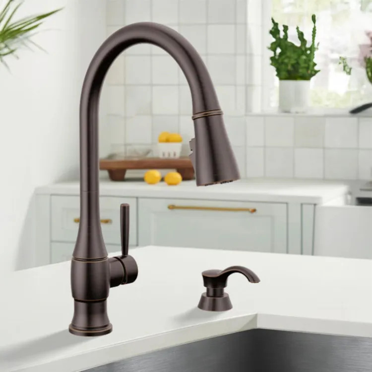 Delta Hazelwood Pull-Down Kitchen Faucet with Soap Dispenser, ShieldSpray, Diamond Seal, MagnaTite, ADA, Venetian Bronze - 19831Z-RBSD-DST