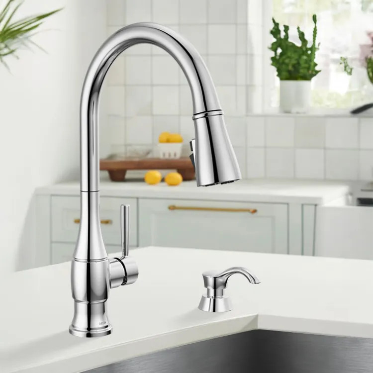Delta Hazelwood Pull-Down Kitchen Faucet with Soap Dispenser, ShieldSpray, Diamond Seal, MagnaTite, ADA, Chrome - 19831Z-SD-DST