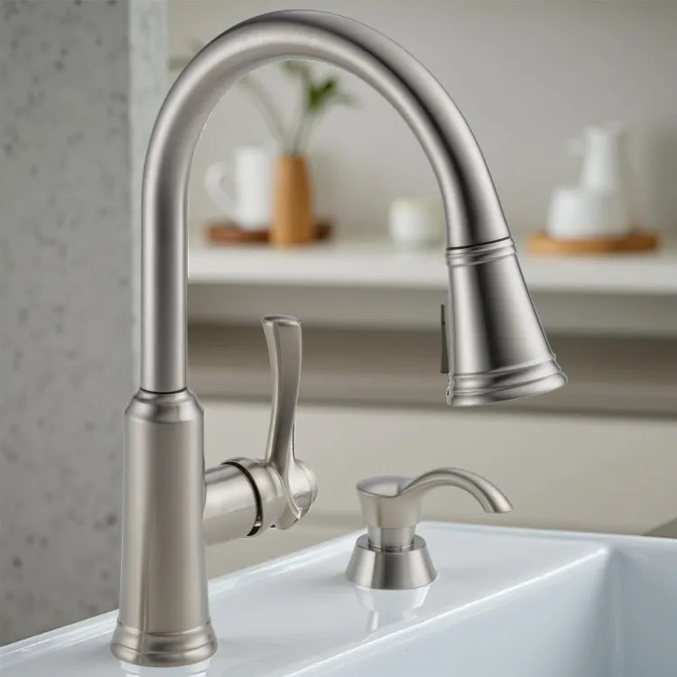 Delta Lakeview Pull Down Kitchen Faucet With Soap Dispenser, Single Handle, ShieldSpray, 1.8 GPM, Stainless - 19963Z-SSSD-DST 