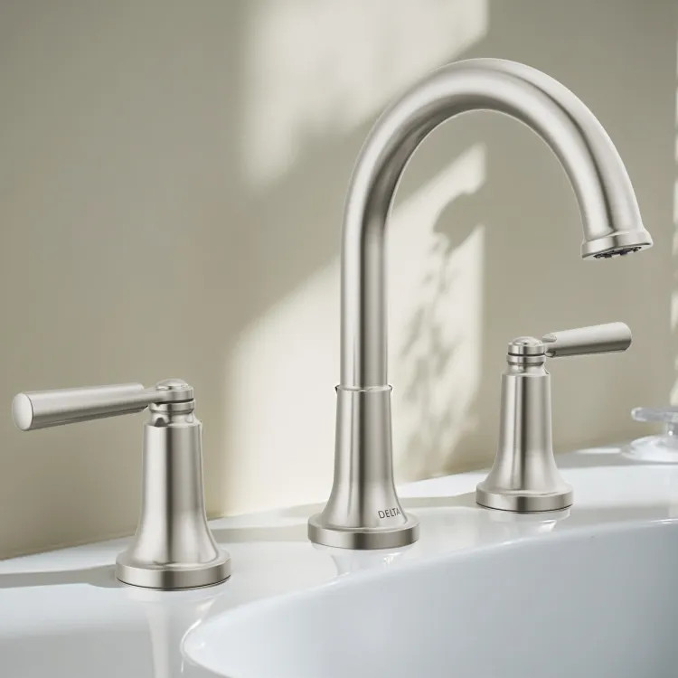 Delta Saylor Two Handle Widespread Bathroom Faucet with Metal Pop-Up Drain, DIAMOND Seal, 1.2 GPM, Stainless - 3535-SSMPU-DST