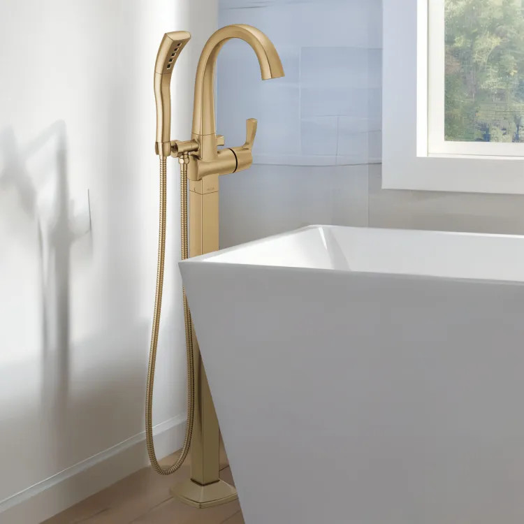 Delta Stryke Floor Mount Tub Filler Trim, Single Lever Handle, H2Okinetic, 1.75 GPM Hand Shower, Lumicoat Champagne Bronze - T4777-CZ-PR-FL